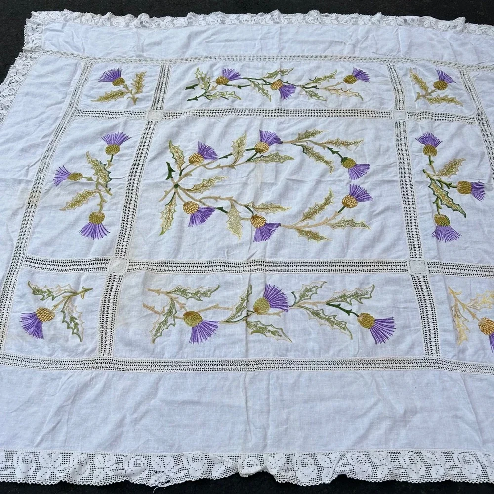 Vintage Hand Embroidered Irish Thistle Floral Table Cloth White Crochet Lace
